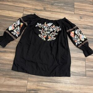 Free People Black Floral Embroidered Blouse
